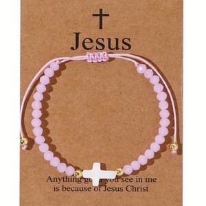 Pink Beaded Cross Bracelet Adjustable Religious Faith Jewelry Jesus Gift Card